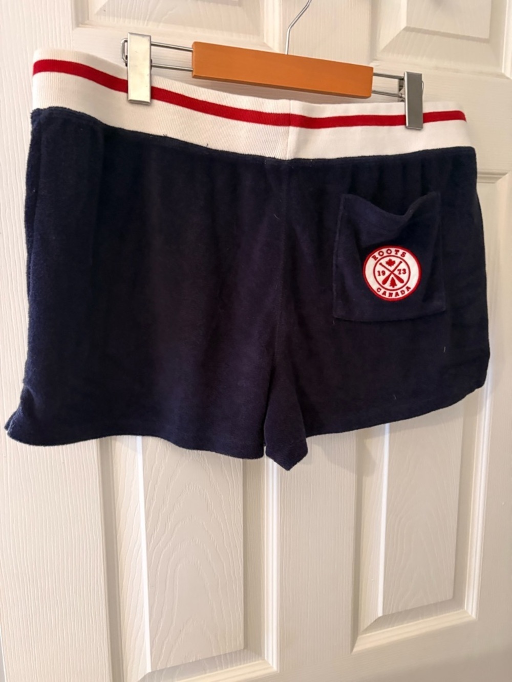Roots cabin terry shorts size large navy red white